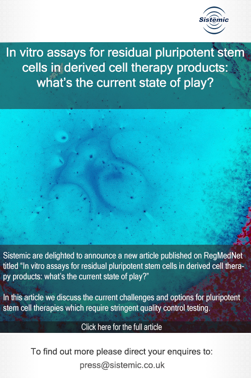 Sistemic are delighted to announce a new article published on RegMedNet titled “In vitro assays for residual pluripotent stem cells in derived cell therapy products: what’s the current state of play?”. bit.ly/2w2n8YQ