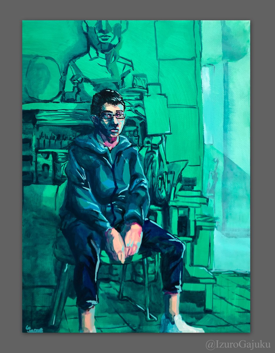 いづろ画塾 Inoくん自画像 大鏡を前に 実際映っている姿 絵を描いている自分 を描かない演出が彼らしいなと 背景室外との距離感も面白い 今後も楽しみな高校１年生