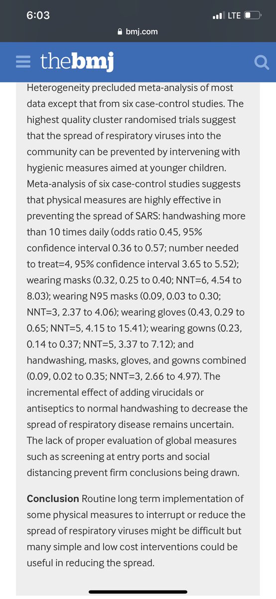 CMichaelGibson's tweet photo. Meta-analysis of prevention in 6 case-control SARS studies (OR with (95%CI):

Handwashing >10X/day = 0.45 (0.36-0.57)

Wearing masks = 0.32 (0.25-0.40)

N95 masks = 0.09 (0.03-0.30)

Wearing gloves = 0.43
(0.29-0.65)

Wearing gowns = 0.23 (0.14-0.37) https://t.co/61gQKOn7DZ https://t.co/XrC6fZ75Ma