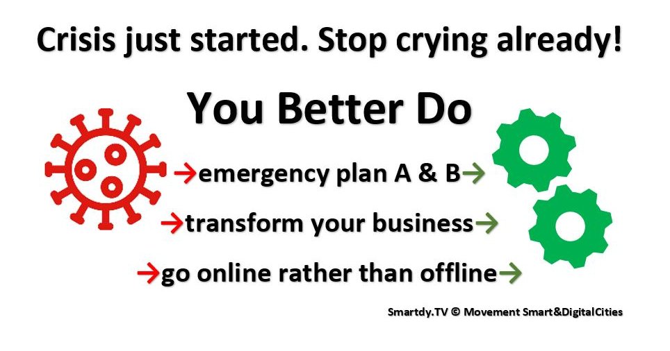 DRJANETSCHEK's tweet photo. People don't get it yet because they have never experienced a war. No need crying, we have just started the crisis. Instead prepare:
1) an emergency plan
2) convert your business
3) stay tuned (and make other tuned too)
4) use a mask in public place
#COVID #smartdigitalcities https://t.co/rAbwWGsise