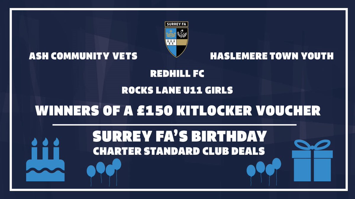 🎉 Congratulations to the 4⃣ winners of a £150 <a href="/kitlocker/">Kitlocker.com</a> voucher in our final week of birthday celebrations!

✅ @VetsAsh
✅ <a href="/HaslemereFC/">Haslemere Town YFC</a>
✅ <a href="/redhillfc/">Redhill FC</a>
✅ <a href="/rockslaneSW13/">Rocks Lane Barnes</a> U11 Girls

Winners will receive an email from us on how to redeem the voucher.