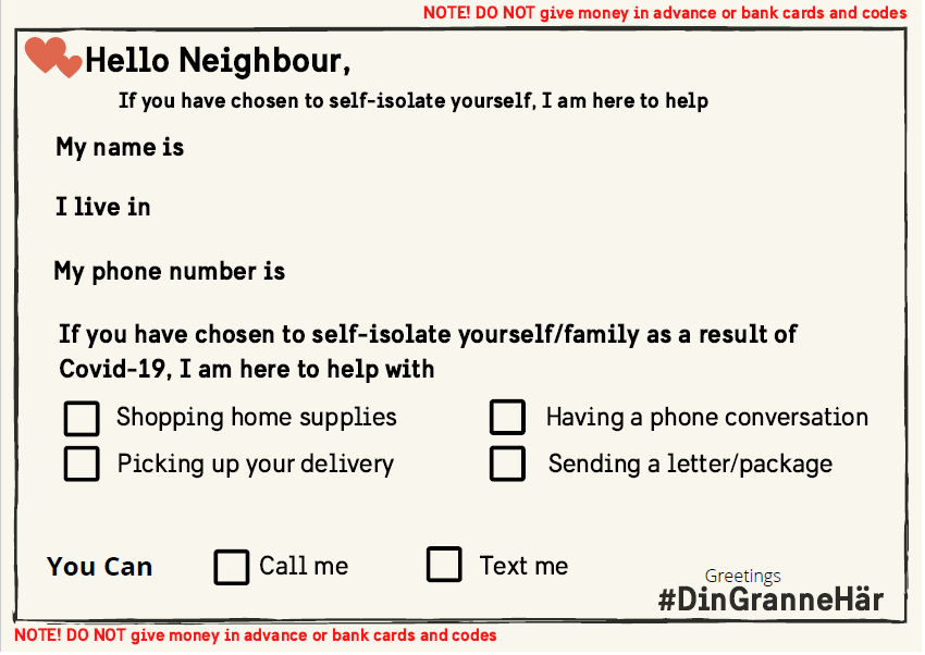 SwedeninMumbai's tweet photo. #DinGranneHär #YourNeighbourHere is a #SwedishThingToDo during the #21dayslockdown that encourages healthy people to help elderly & neighbours at risk during #Covid19 by shopping for them and ensuring their daily needs are met.
Lets adopt this initiative & #HelpThyneighbour https://t.co/Wr0ZHAiRZm