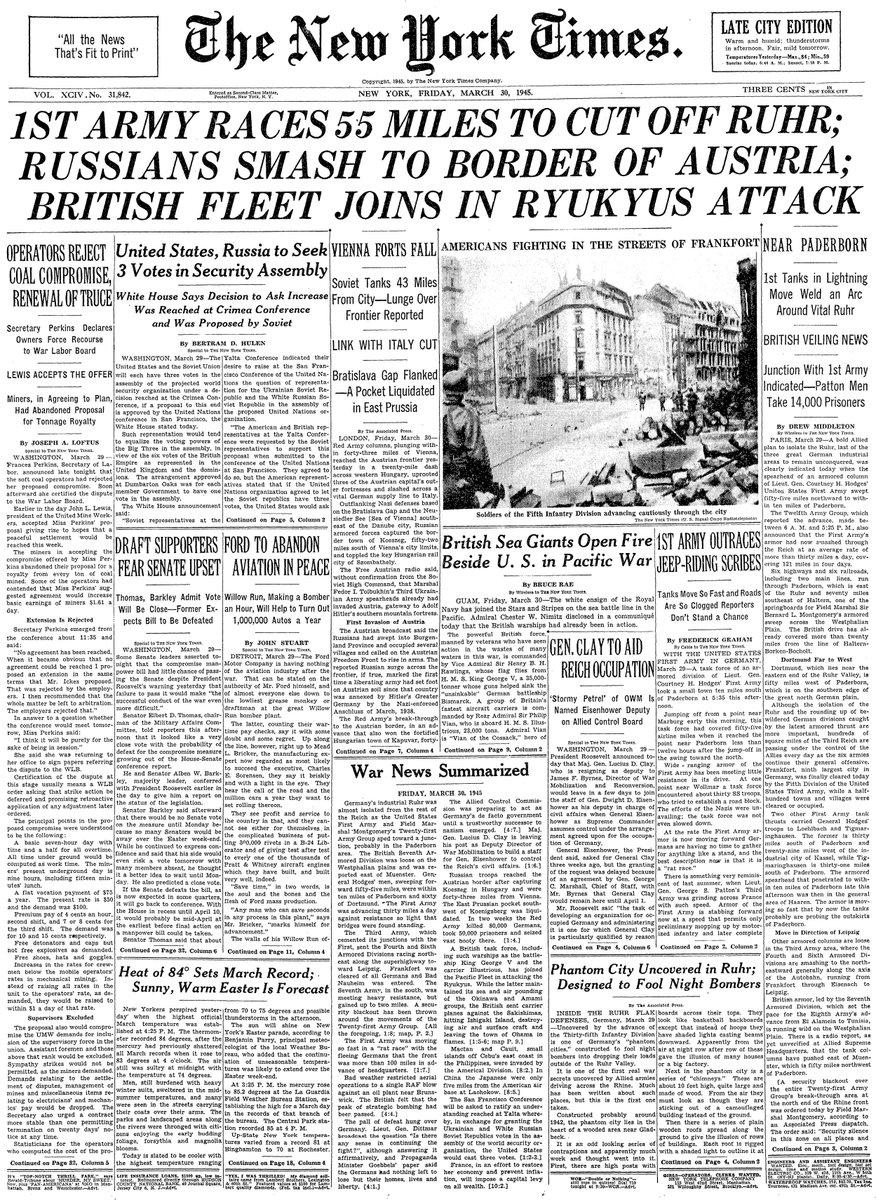 March 30, 1945: 1st Army Races 55 Miles to Cut Off Ruhr; Russians Smash to Border of Austria; British Fleet Joins in Ryukyus Attack  https://nyti.ms/39sjoO2 