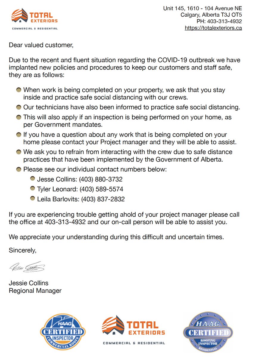Please call the office at 403-313-4932 and our on-call person will be able to assist you during this #COVID-19 crisis. See attached.   

#staysafe #totalexteriors #Hail #WindDamage #exteriorrenovations #Calgary #AB #YYC