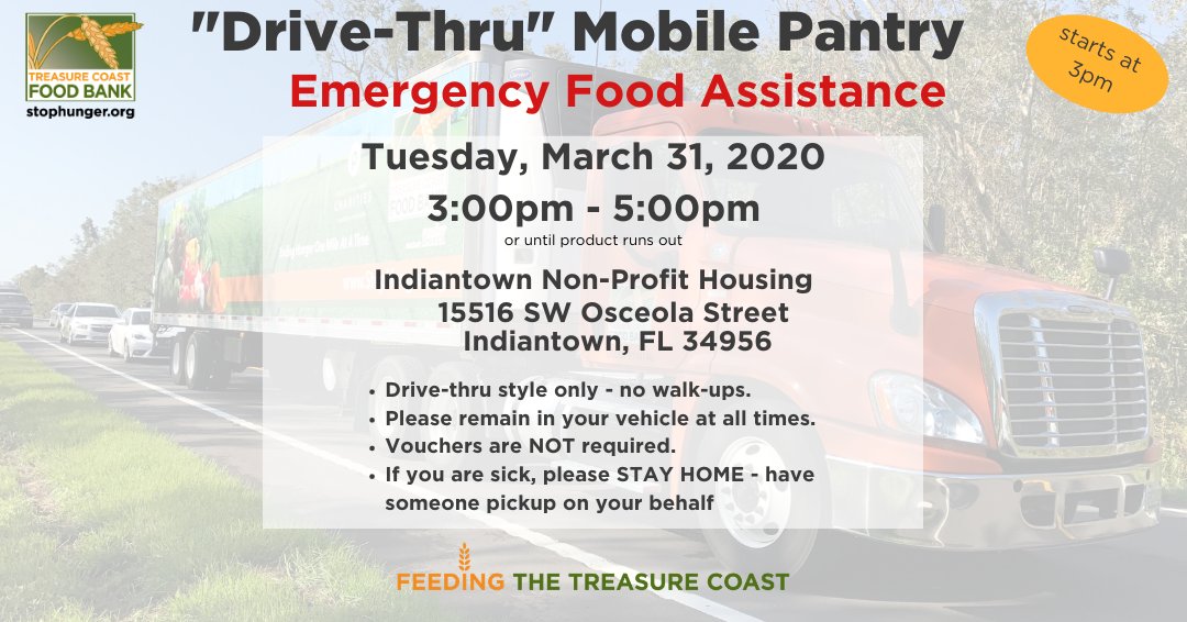 tcfoodbank's tweet photo. INDIANTOWN: TUESDAY (3/31), we will be distributing emergency food through our Drive-Thru Mobile Pantry, 3-5pm, at Indiantown Non-Profit Housing. Rules: No walk-ups, remain in your vehicle, if you are sick stay home & send someone on your behalf, vouchers are NOT required. #TCFB https://t.co/PdnUjlLeQL