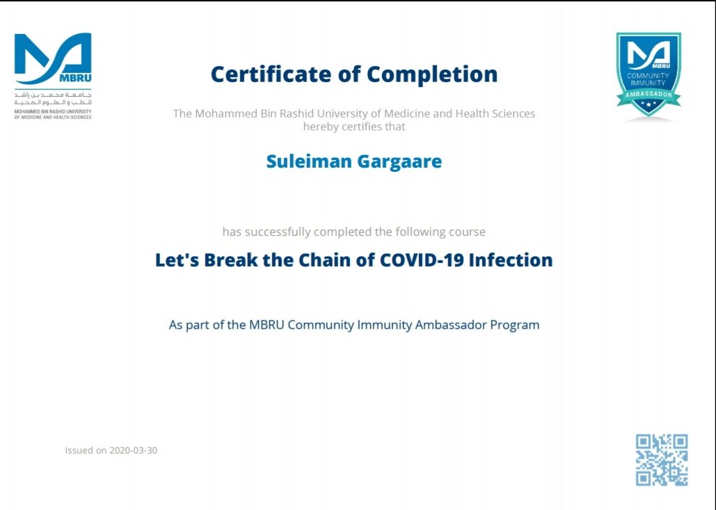 Gargaare's tweet photo. I am now an #MBRUCommunityImmunity Ambassador. I am responsible to protect myself and my community from #COVID-19. I challenge (@AwilMaskaxda, @moqaro &amp; @fadumaibrahim22) to take the course. https://t.co/2lnKXGygEe https://t.co/wGgROxzd6O
