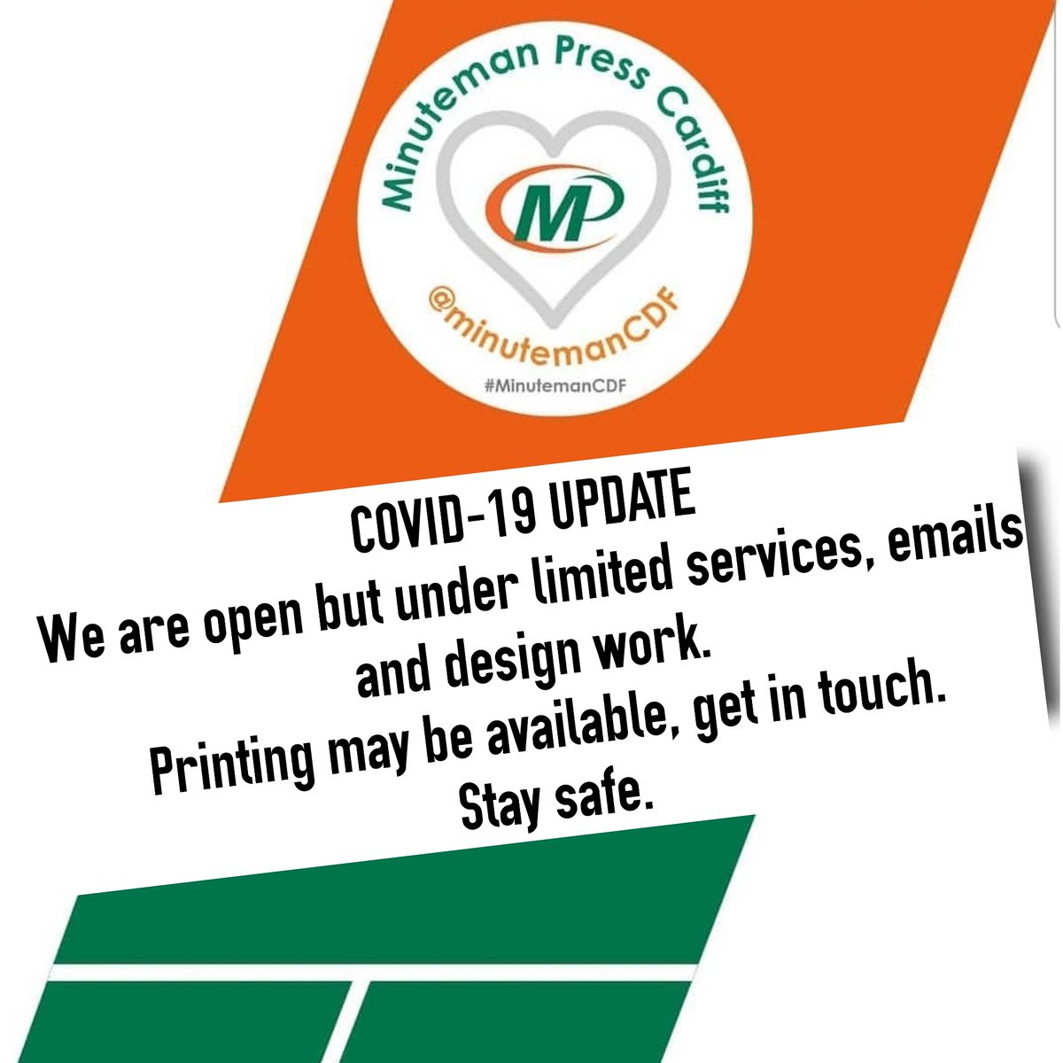 COVID-19 update.
We are operating under limited services, emails are being picked up and design work available.
We are also able to source some printing.
Please get in touch if you have any queries.
But mainly stay safe all!
❤
#MinutemanCDF #Cardiff #staysafe #DigitalPrint