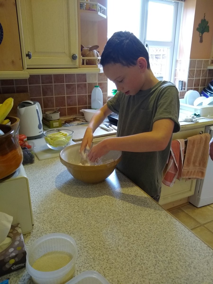 policefoxlyn's tweet photo. @4EB_LPS 
Making Dorset apple cake. He's just weighed out all of the ingredients and arranged the heaviest to lightest. Now rubbing the butter and flour together. https://t.co/s3uugfV82J