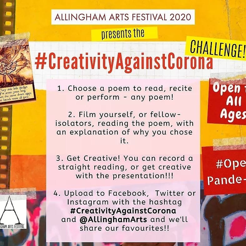 fionamkorourke's tweet photo. Look here #writingcommunity share your poetry. Film yourself reading / performing a poem for #CreativityAgainstCorona with @AllinghamArts  👇 https://t.co/BkeqboCJSl