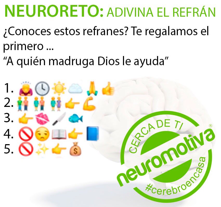 NeuroMotiva's tweet photo. ¡Empezamos una nueva semana, pero el reto que no falte!
Hoy toca uno de refranes: intenta resolver estos dichos populares interpretando los diferentes emojis. Esperamos vuestras soluciones, solo te llevará un ratito y así tenemos el cerebro trabajando a tope.

#cerebroencasa https://t.co/MbYMCNQhZK