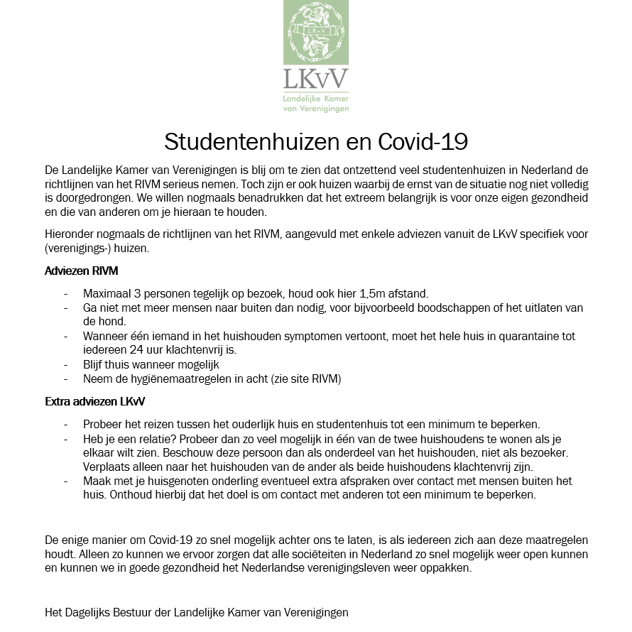 LKvV's tweet photo. Als aanvulling op de richtlijnen van het RIVM hebben wij handvatten voor studentenhuizen opgesteld -> #StayHome #StayHealthyEveryone #COVID19 https://t.co/Of6gndBSmy