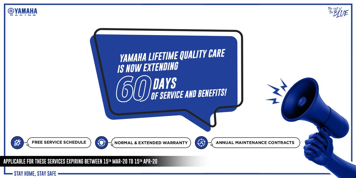 India_Yamaha's tweet photo. Beat the lockdown and avail extended Lifetime Quality Care with @YamahamotorIndia!
.
.
We've added an additional period of 60-days for all free service schedules, normal + extended warranties and annual maintenance contracts!
#YamahaRacing #YamahaIndia #Yamaha #yamahaservice https://t.co/GUnK9ah4Pd