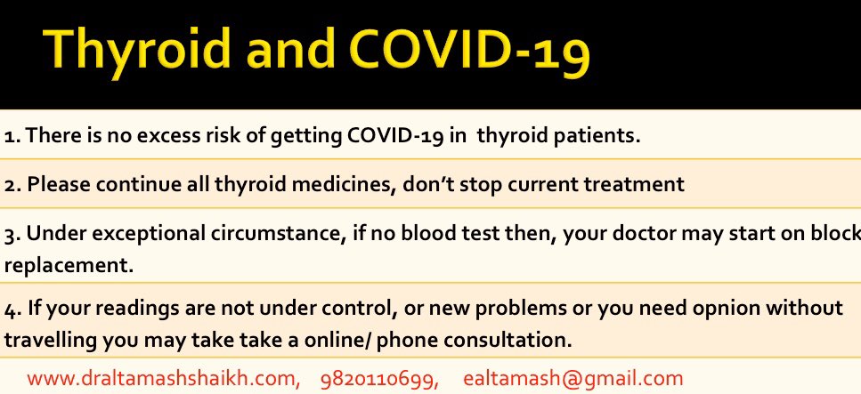 DrAltamashS's tweet photo. What happens to thyroid in COVID-19?
Stay home!
For your safety you may take online consultation. 
#thyroid #covid #telemedicine #draltamashshakih #hypothyroidism #thyrotoxicosis https://t.co/lAb05J6Uyf
