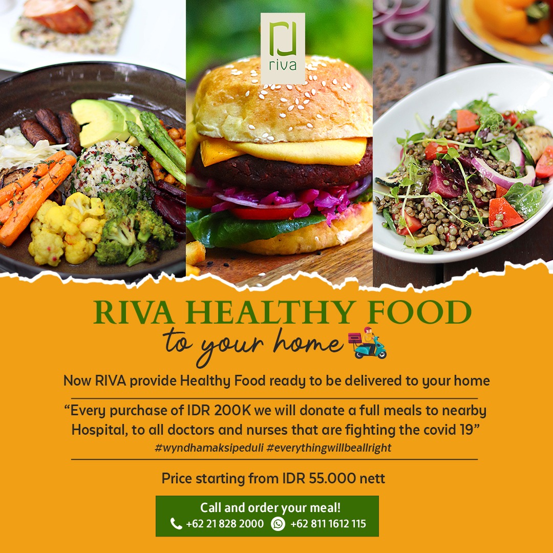 Now RIVA provides take away Healthy Meals ready to be delivered to you!

Call and order your food!
☎ +62 21 828 2000📱WhatsApp +62 811-1612-115
#Wyndhamaksipeduli #WyndhamCasablancaJakarta #WyndhamDestinations #Everyhingwillbeallrigt #RivaGrillnBar #healthyfood #deliveryservice