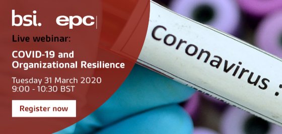 BSI is hosting a webinar on Tuesday 31 March at 9 am BST “COVID-19 and Organizational Resilience” This webinar will give insight into good practices and tips on how to prepare for, anticipate, respond to and recover from crises. Register now: bit.ly/3asNjqp #BSISTANDARDS