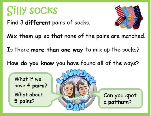 It’s a brand new week! Today’s #middaymaths adds some fun to tidying your room or helping with the washing! 😁

Can you sniff out any patterns whilst mixing up your socks? 🤔🧦 

P.S. don’t forget to match them back up again afterwards! 

<a href="/MathsRocks2/">#MathsRocks</a> <a href="/WhiteRoseMaths/">White Rose Maths</a> #mathsisfun