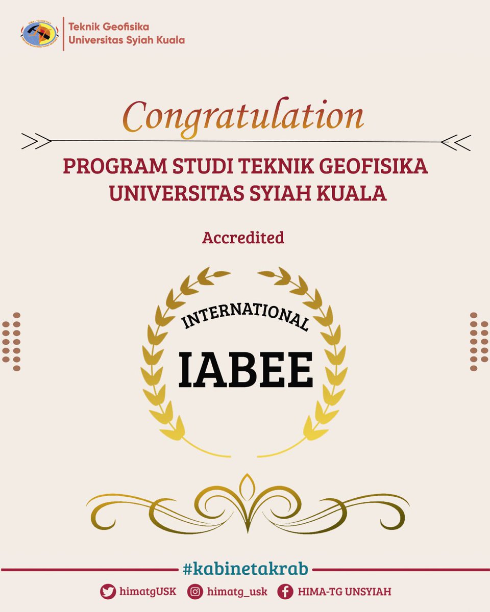 himatgUSK's tweet photo. CONGRATULATION!!
Alhamdulillah Program Studi Teknik Geofisika Universitas Syiah Kuala telah mendapatkan Akreditasi taraf Internasional The Indonesian Accreditation Board for Engineering Education (IABEE)๐โจ
#IABEE
#geosains https://t.co/Ij6D8SvTut