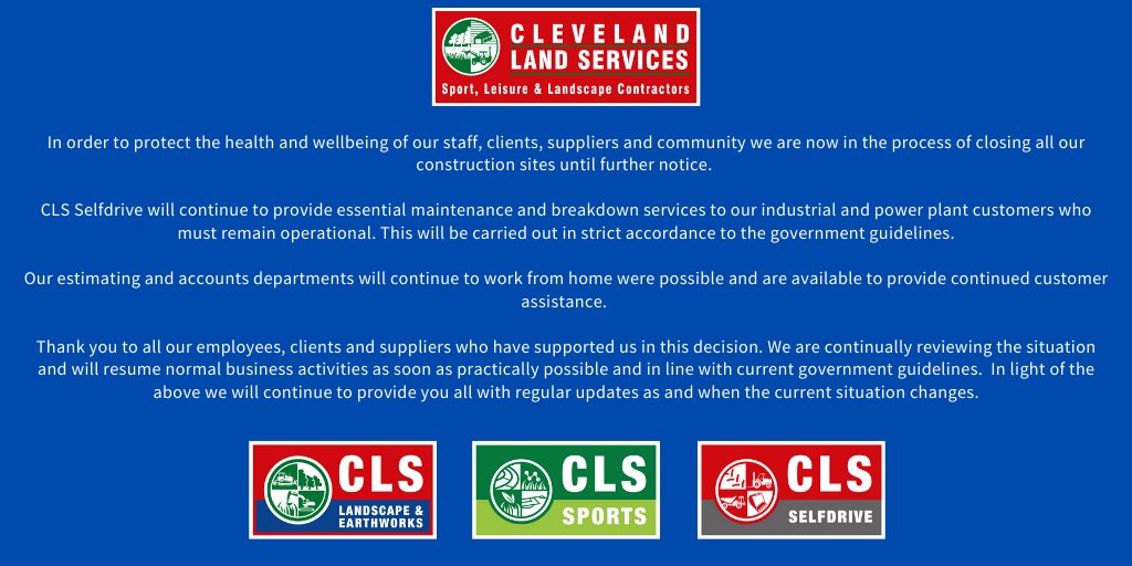 CLSsport's tweet photo. Please read our latest #COVID19 statement. To protect our employees, clients and the wider public we are now closing all our construction sites. https://t.co/lvNfiv0ABG