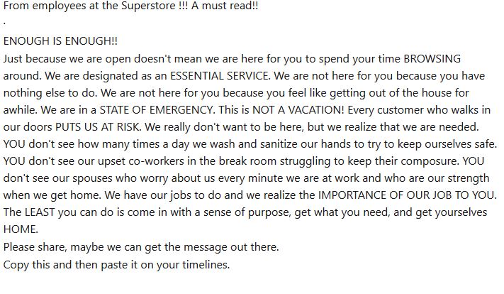 This is a post that went viral over the weekend from #Superstore workers. #cklw #Covid_19