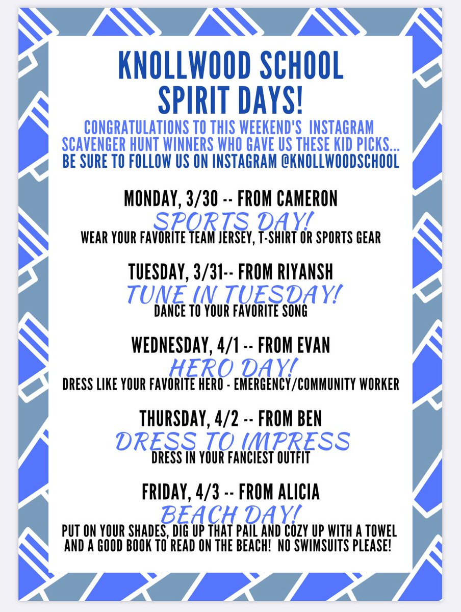 KnollwoodSchool's tweet photo. Here is this week’s spirit days picked by our 5 scavenger hunt winners!#knollwood #knollwoodrocks #knlearnfromhome #knvirtualschooling #scavengerhunt https://t.co/UXdUn4FJmo