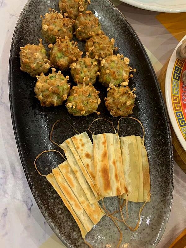 vr2xie's tweet photo. Please don’t expect after eating these virus deep fried meat ball and mask pan cake dim sum food can get away from the virus.  #chinesedimsum #coronavirusfood #hongkongdimsum #dimsum #dimsumlover #hongkong https://t.co/OUdXZ82Z3J