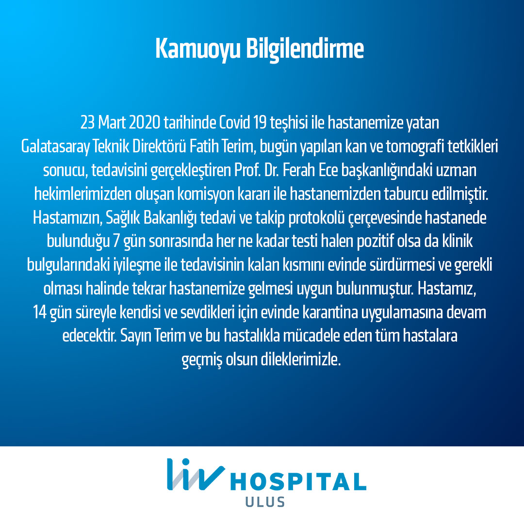 livhospital's tweet photo. Covid 19 teşhisi ile hastanemize yatan Galatasaray Teknik Direktörü Fatih Terim, bugün yapılan kan ve tomografi tetkikleri sonucu, tedavisini gerçekleştiren Prof. Dr. Ferah Ece başkanlığındaki uzman hekimlerimizden oluşan komisyon kararı ile hastanemizden taburcu edilmiştir https://t.co/cK3IpWcI9f