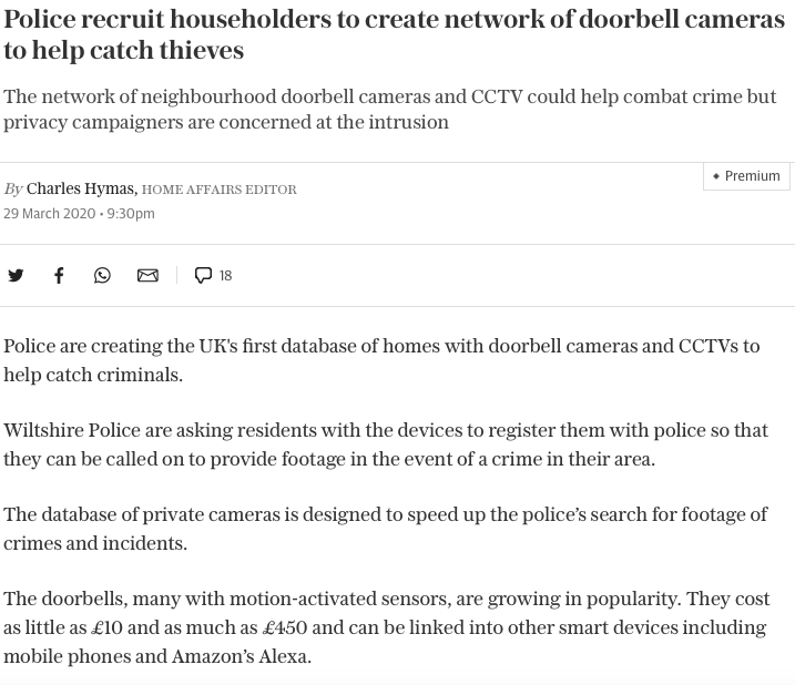 BigBrotherWatch's tweet photo. Police in the UK are asking Amazon Ring owners to register them with the police.

Think twice before you buy one. We’ve long warned that these are a honeypot for authorities + will be used to extend the surveillance state onto people’s private properties.

https://t.co/Yjdra8cKOL https://t.co/JbvCI8LFVJ