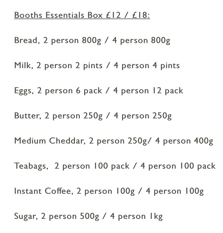 Do you live within 3miles of a <a href="/BoothsCountry/">Booths Supermarket</a> supermarket? And are you elderly/vulnerable and unable to get to shops?
Booths is doing delivery of £12/£18 food parcels - just key essentials. Place order by phone.