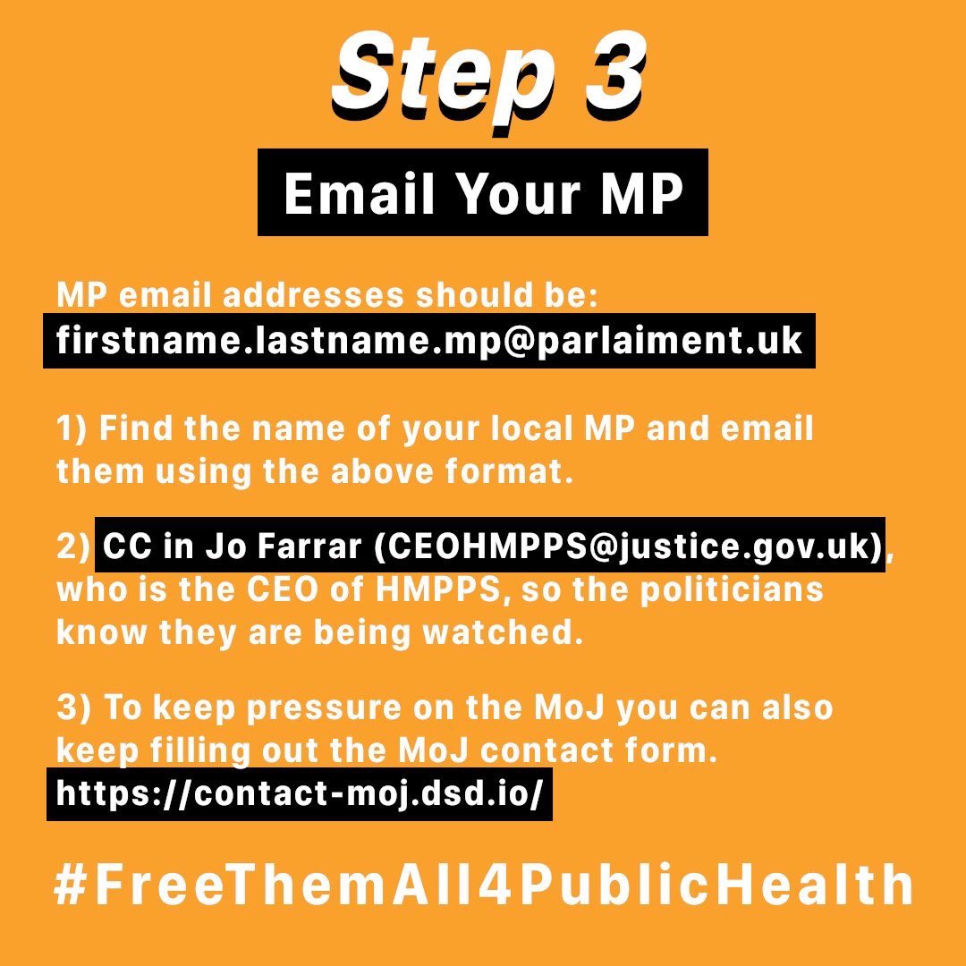 🚨🚨🚨DAY 3 ACTION ALERT🚨🚨🚨

Reach out to your local MP and demand they join us in urging the <a href="/MoJGovUK/">Ministry of Justice</a> and <a href="/hmpps/">HMPPS</a> to #FreeThemAll4PublicHealth 

Instructions: cape-campaign.org/freethemall4pu…