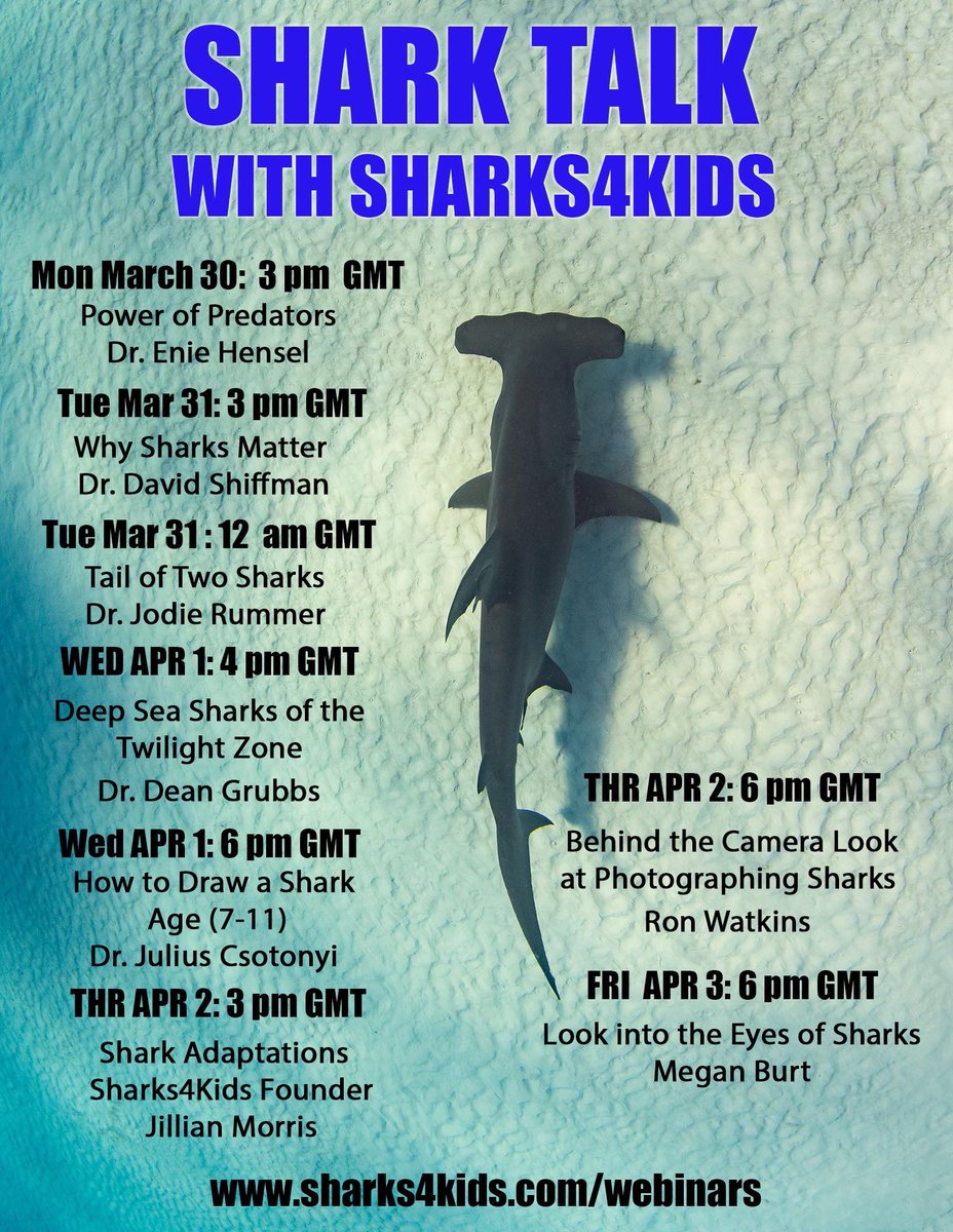 WEEK 2: Here’s the UK 🇬🇧 times for <a href="/Sharks4Kids/">Shark Education</a> amazing line up of Free Webinar Guests!!!    Action packed week ahead 🦈 🤩 🤩 🌊 

*download Zoom and head to Sharks4kids website* 

#homeschooling #sharkscience #freewebinars #Zoom