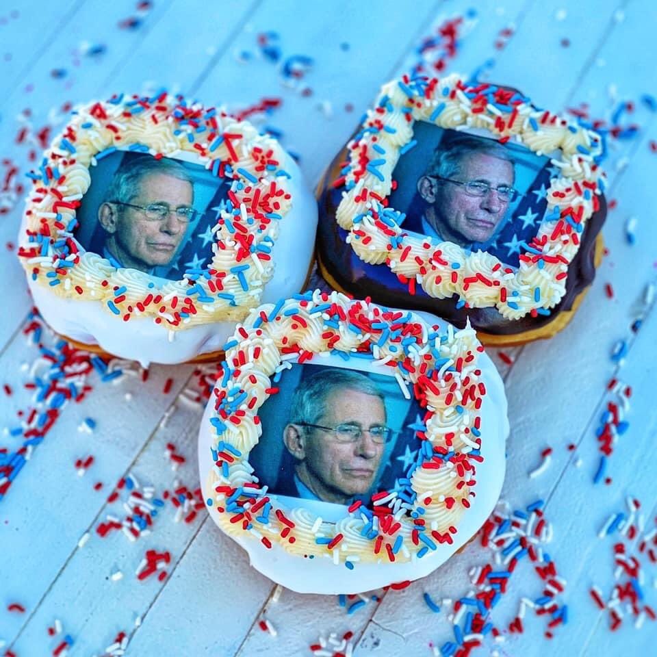AshleyAfonso's tweet photo. Businesses are getting creative... really creative 🤣 this morning we’re taking with @DonutCrazyCT who made these Dr. Fauci donuts on @FOX61News! https://t.co/EslMuaHriV