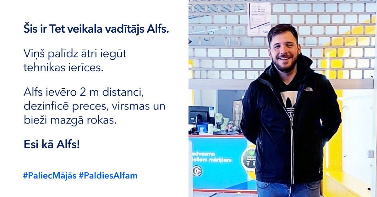 Iepazīsties, šis ir Tet veikala vadītājs Alfs 🙋‍♂️ Viņš ir darbā un palīdz ātri tikt pie vajadzīgās tehnikas, lai mēs pārējie varētu strādāt un mācīties mājās. Paldies Alfam! Lai mums visiem drošāk #paliecmājās!