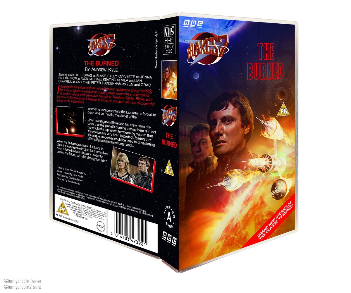 iamryanaplin's tweet photo. NEW ARTWORK! #Blakes7 - The Burned

Designed for a story written by @Fangg8472 featured in the charity anthology 'Forever Avon' put together by @OliverofDallas in memory of the iconic Paul Darrow. Very proud!

Realised it fitted nicely into the VHS cover style😉👍 @MakingBlakes7 https://t.co/6VW6pkTR9i