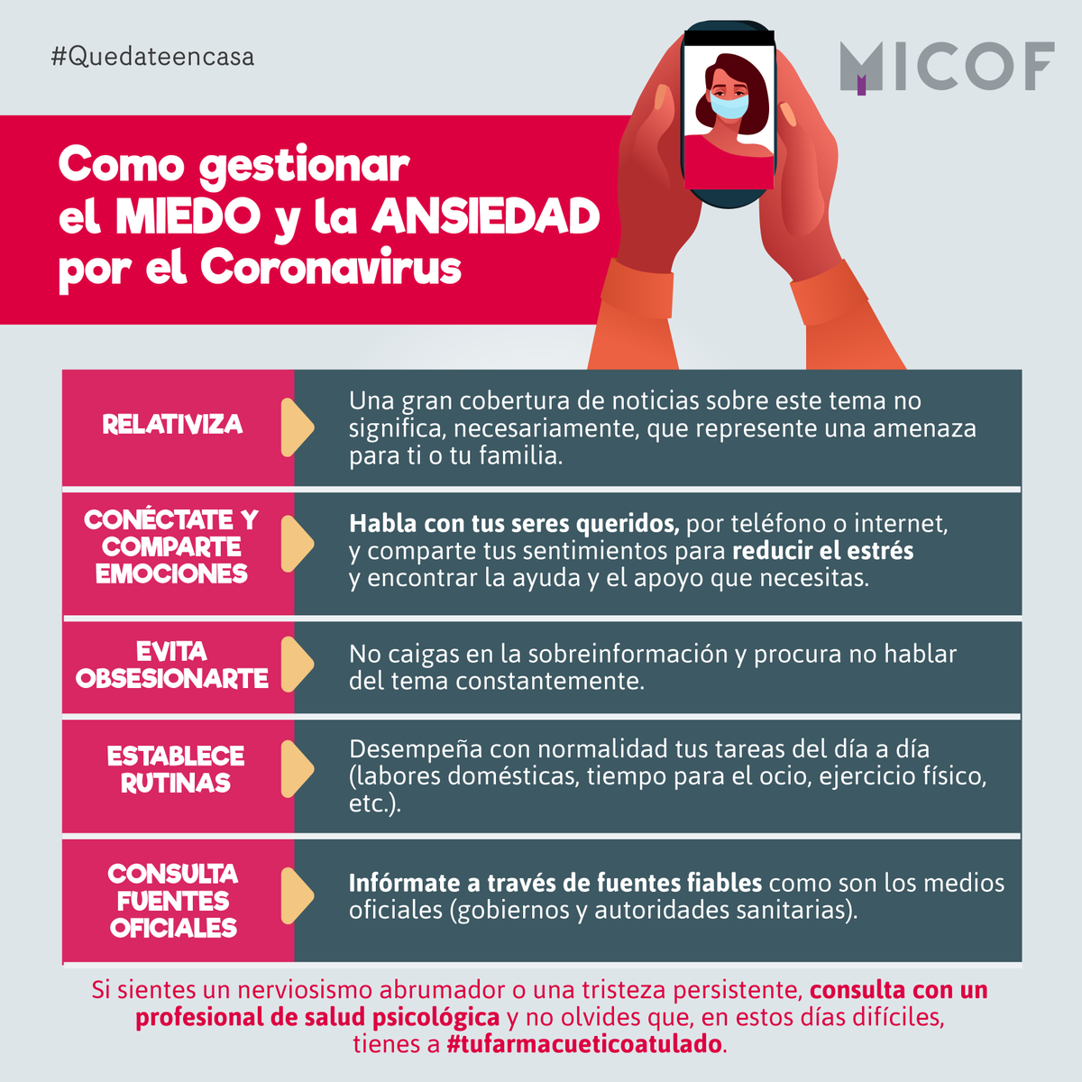 micofvlc's tweet photo. El confinamiento, la sobreexposición a la información sobre el #COVID19 o la falta de una rutina diaria pueden pasar factura a nuestra salud mental. 🤯 Te dejamos con estos #ConsejosMICOF para sobrellevar la crisis. Y recuerda que tienes a #tufarmaceuticoatulado. #quedateencasa https://t.co/9e2jTmWSZv