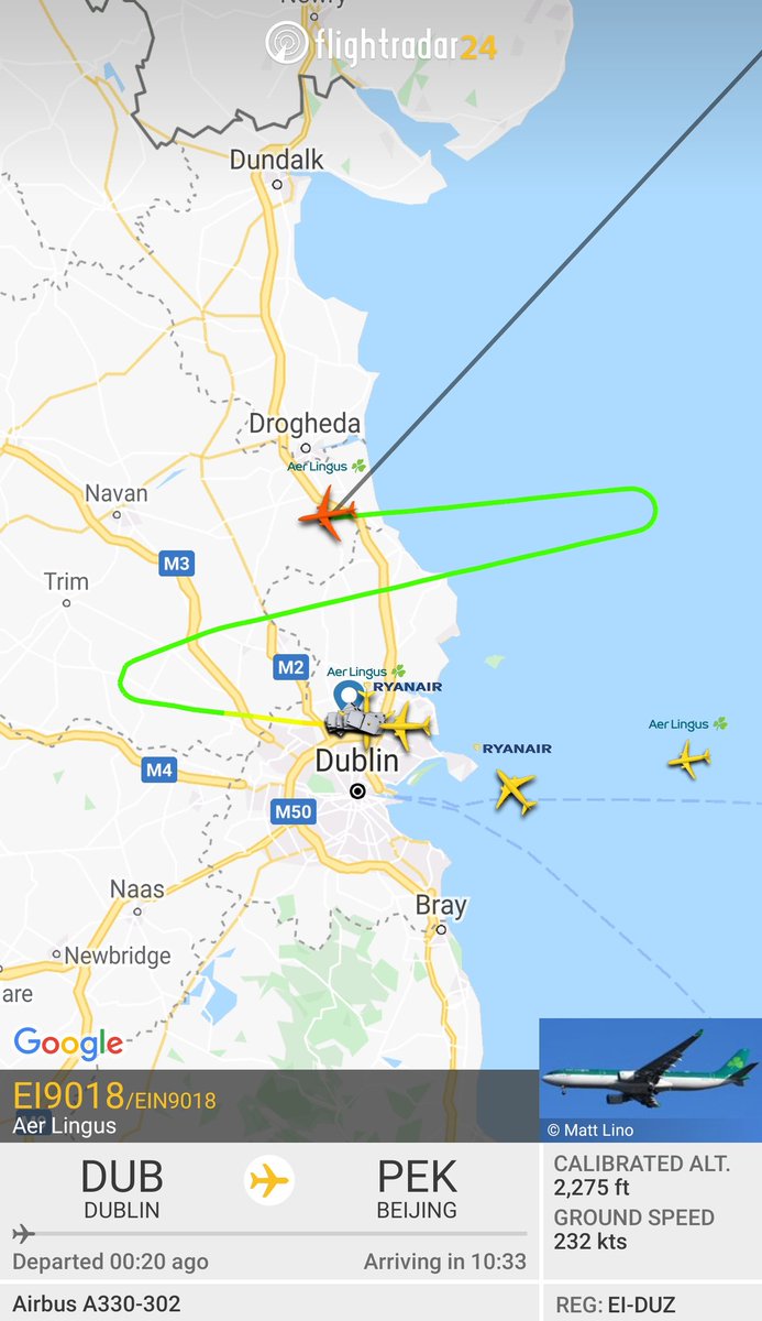 FlyWithElliot's tweet photo. ⚠️ Aer Lingus flight EI9018 to Beijing has declared an emergency and is returning to Dublin. The aircraft is an A330-300 EI-DUZ and was supposed to go to China to collect medical supplies. ⚠️ https://t.co/OcqdhY5pRP