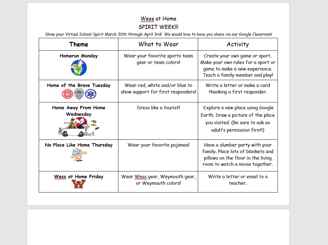 edrolet1's tweet photo. Virtual Spirit Week at Wess! Join us in sharing in our Google Classroom! https://t.co/eE8rkr1fJE