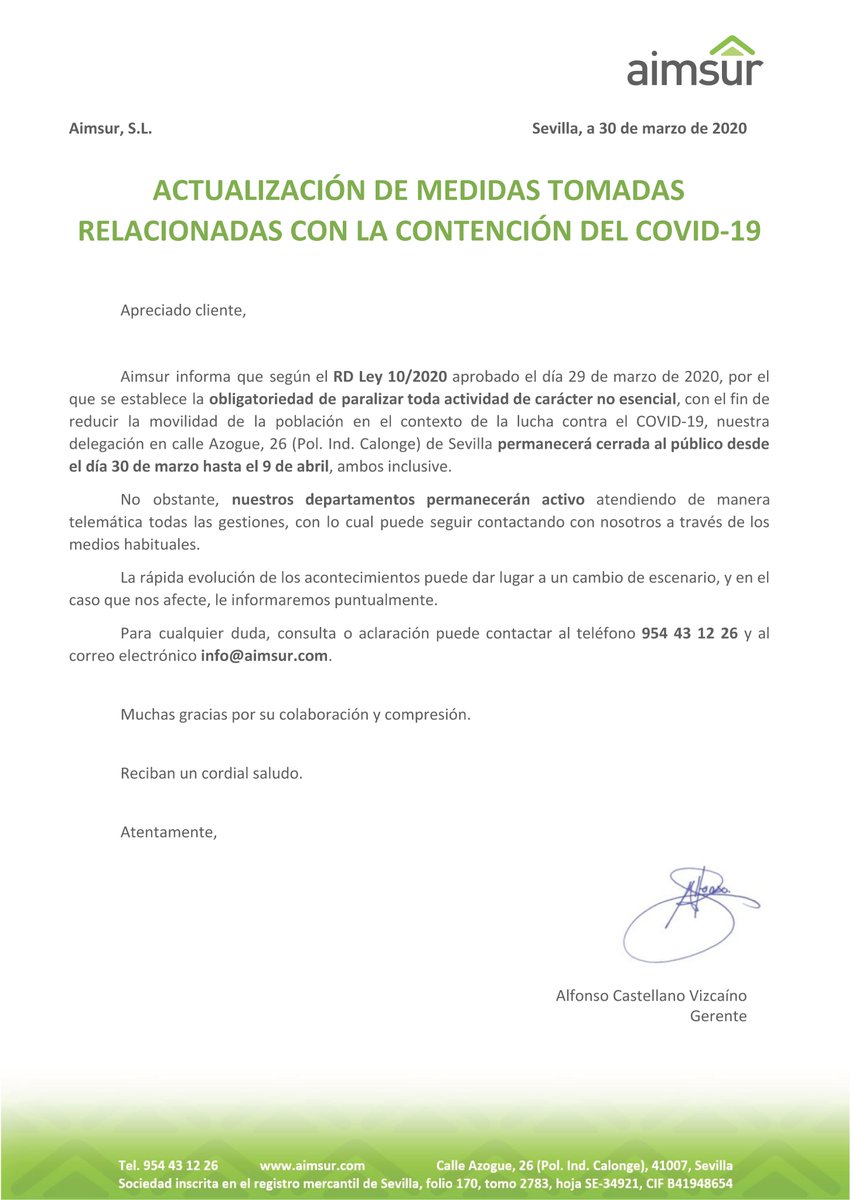 #AIMSUR: COMUNICADO SOBRE LAS NUEVAS MEDIDAS TOMADAS PARA LA CONTENCIÓN DEL #COVID19

Puede ponerse en contacto con nosotros a través del teléfono 954 43 12 26 o bien a través del correo info@aimsur.com

#YoMeQuedoEnCasa
#SeguimosConectados