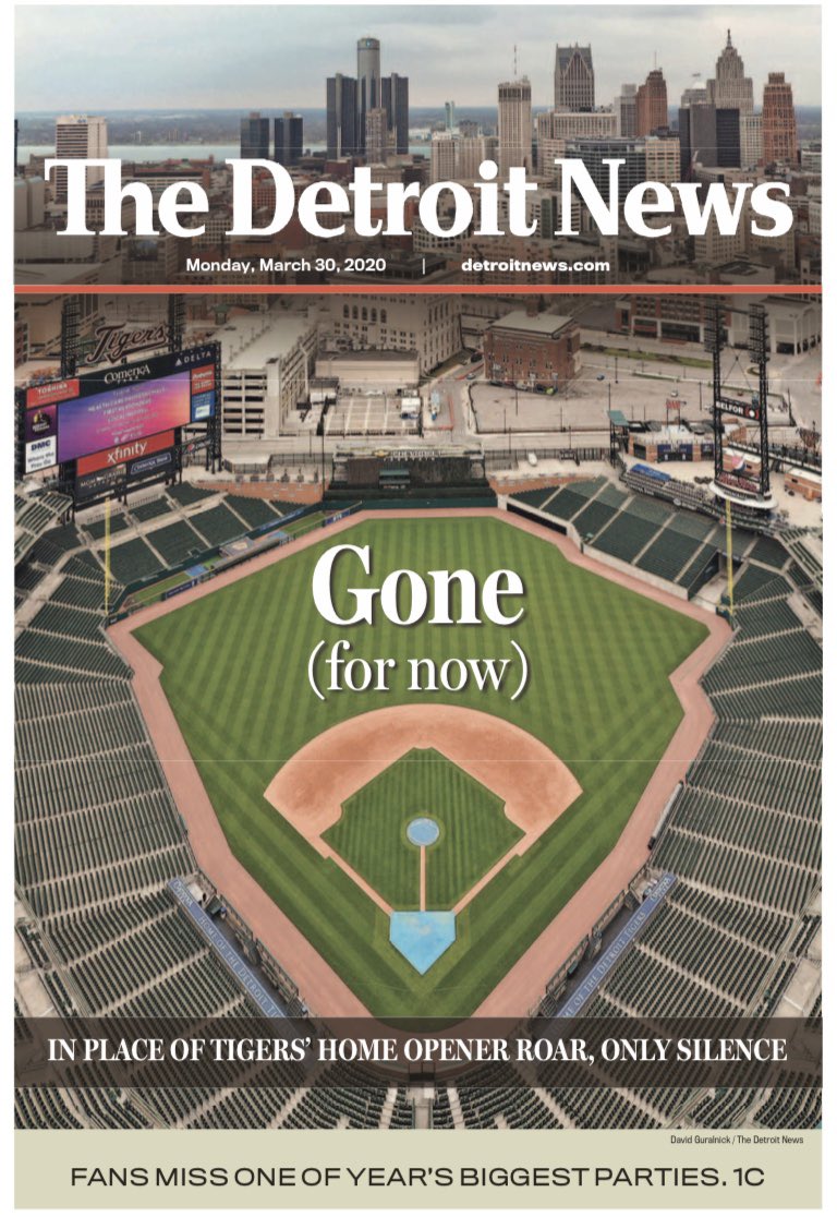 Detroit_D's tweet photo. In an alternative universe, many of us would be heading downtown right now for #OpeningDayInTheD — one of the most fun days of the year. 

But 2020 has different plans for us. ⚾️ Today we will hear, “Stay home!” instead of “Play ball!” #QuarantineLife https://t.co/cTFcIRHheC