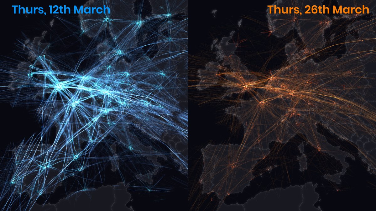 What a difference 3 weeks makes in air travel. The comparison here is between a days tracks for 12th March and 26th March. Data via <a href="/OpenSkyNetwork/">OpenSky Network</a> #dataviz