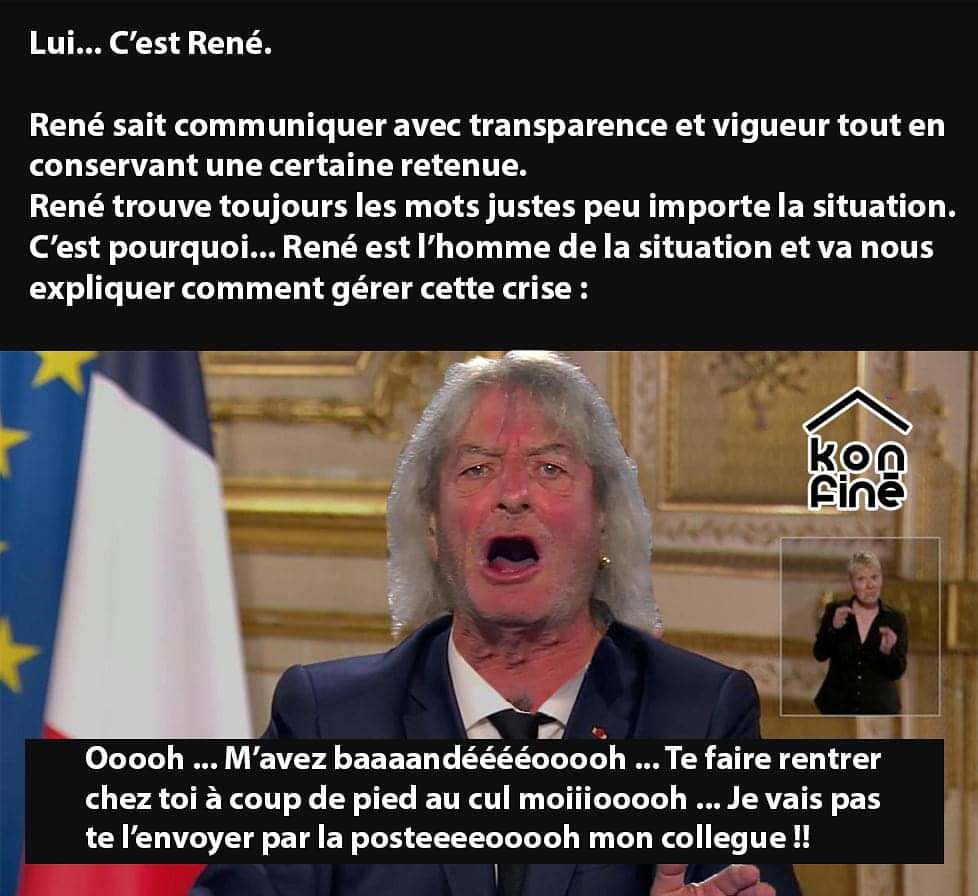 fini_kon's tweet photo. Sacré @renemalleville

#konfiné #confinement #confinementcreatif #COVID19 #coronavirus #jesuischezmoi #chloroquine #coronavirusmemes #humour #humourdemerde #humourdemerdequinefaitrirequemoimaisjassume #memefr #meme #memes😂 #memes #confinementchallenge #france #renemalleville https://t.co/NKKgEDp9Yx