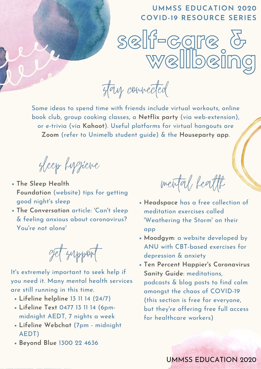 christinemkj's tweet photo. we’ve put together a list of resources for #wellbeing &amp; #selfcare during #COVID19 amongst our medsoc’s education team - although intended for #medstudents with cancelled placements, some tips might be useful for everyone (1/10)

#medtwitter #medstudenttwitter #MH4docs https://t.co/ajFKBb98uN