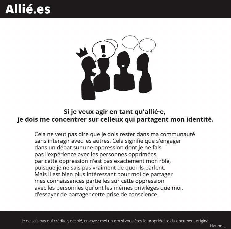 Si tu n’es pas concerné.e mais que tu veux agir en tant qu’allié.e ? Consulte ces fiches et partages les. Elles ont été adaptée par  @LaHannor