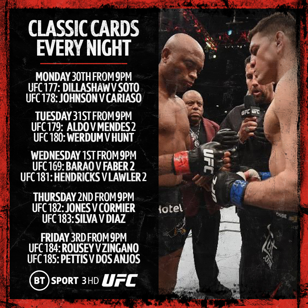 We've got classic UFC cards all week 🙌

#UFC169: Barao v Faber
#UFC177: Dillashaw v Soto
#UFC178: DJ v Cariaso
#UFC179: Aldo v Mendes
#UFC180: Werdum v Hunt
#UFC181: Hendricks v Lawler
#UFC182: Jones v Cormier
#UFC183: Silva v Diaz
#UFC184: Rousey v Zingano
#UFC185: Pettis v RDA