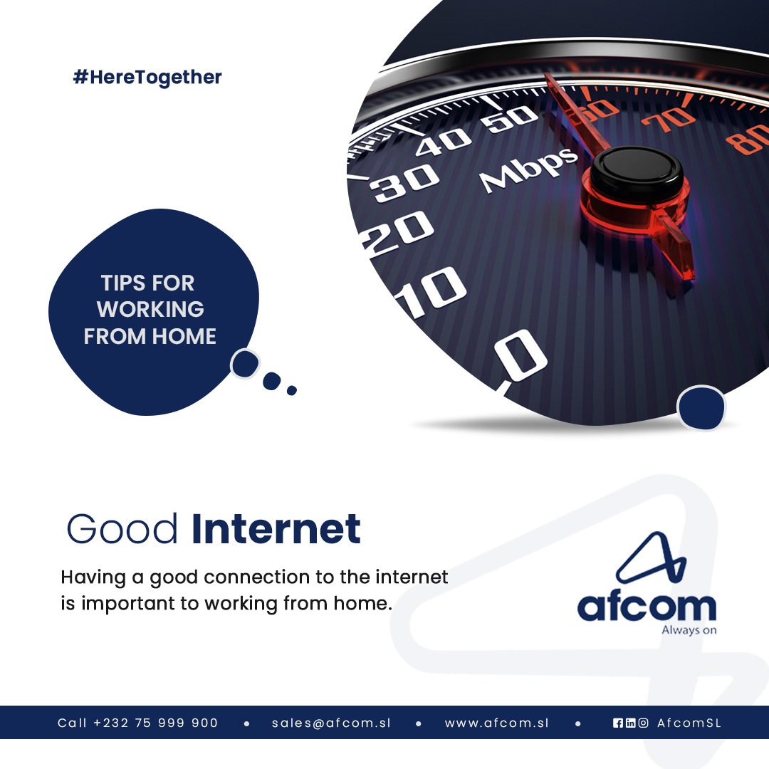 AfcomSl's tweet photo. Having a good connection to the internet is important for working from home to keep your business running during this challenging period.

Reach out to us... and we can offer you some great solutions to ensure your business is always on. 

We are #heretogether #afcomsl #Salone https://t.co/X1r1WlIVh9