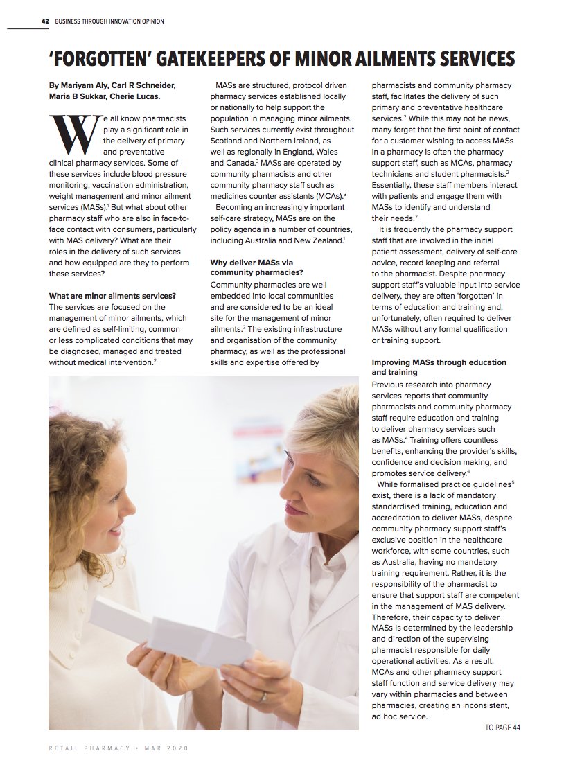 AlyMariyam's tweet photo. Thrilled to publish new research in @RPMagazineAU exploring the role of education and training to support the delivery of minor ailment services. @LucasReflection @DrCarlSchneider @mariabsukkar https://t.co/oZv8cGXbSv