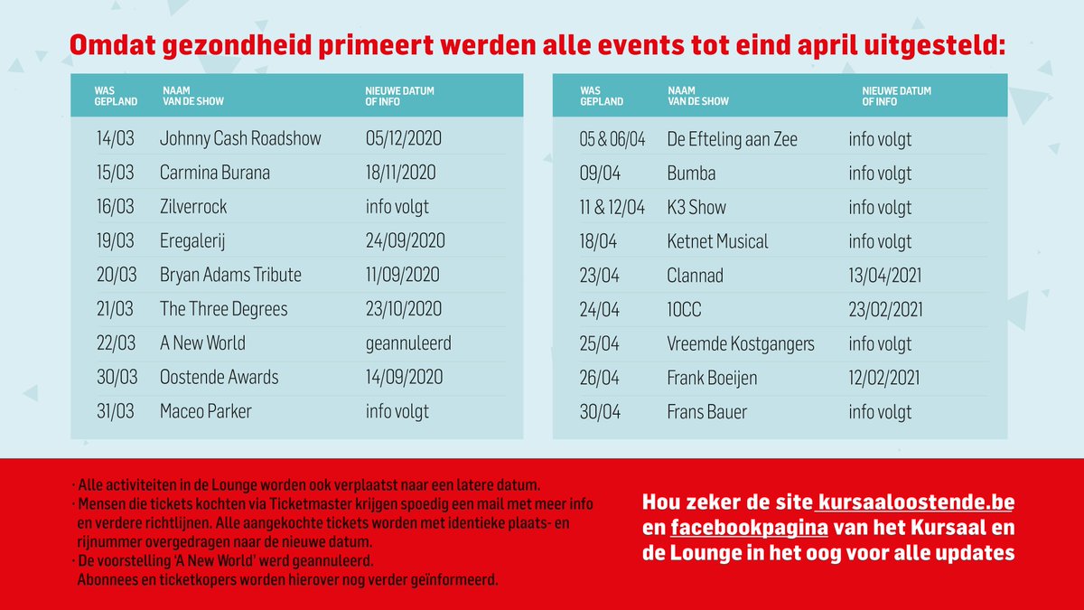 Voor Kursaal Oostende en alle andere promotoren komt gezondheid op de eerste plaats. Daarom stellen we alle evenementen tot eind april uit. 

Houd zeker de site kursaaloostende.be en de facebookpagina van het Kursaal en de Lounge in het oog voor alle updates.