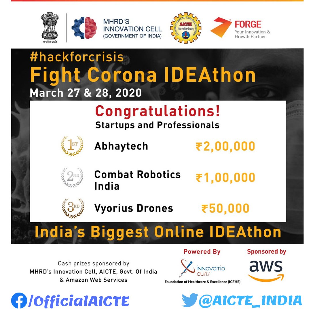AICTE_INDIA's tweet photo. #Winners of #FightCoronaIDEAthon @ #AICTEdge:

Congratulations to Winners of #Startups &amp; #Professionals category:

#FightCorona #IDEAthon #IndiaFightsCorona #FightAgainstCoronavirus #FightAgainstCOVID19 @PIB_India @mygovindia @startupindia #FightAgainstCorona @IndiaDST @DIPPGOI https://t.co/5IOfhB0CXD