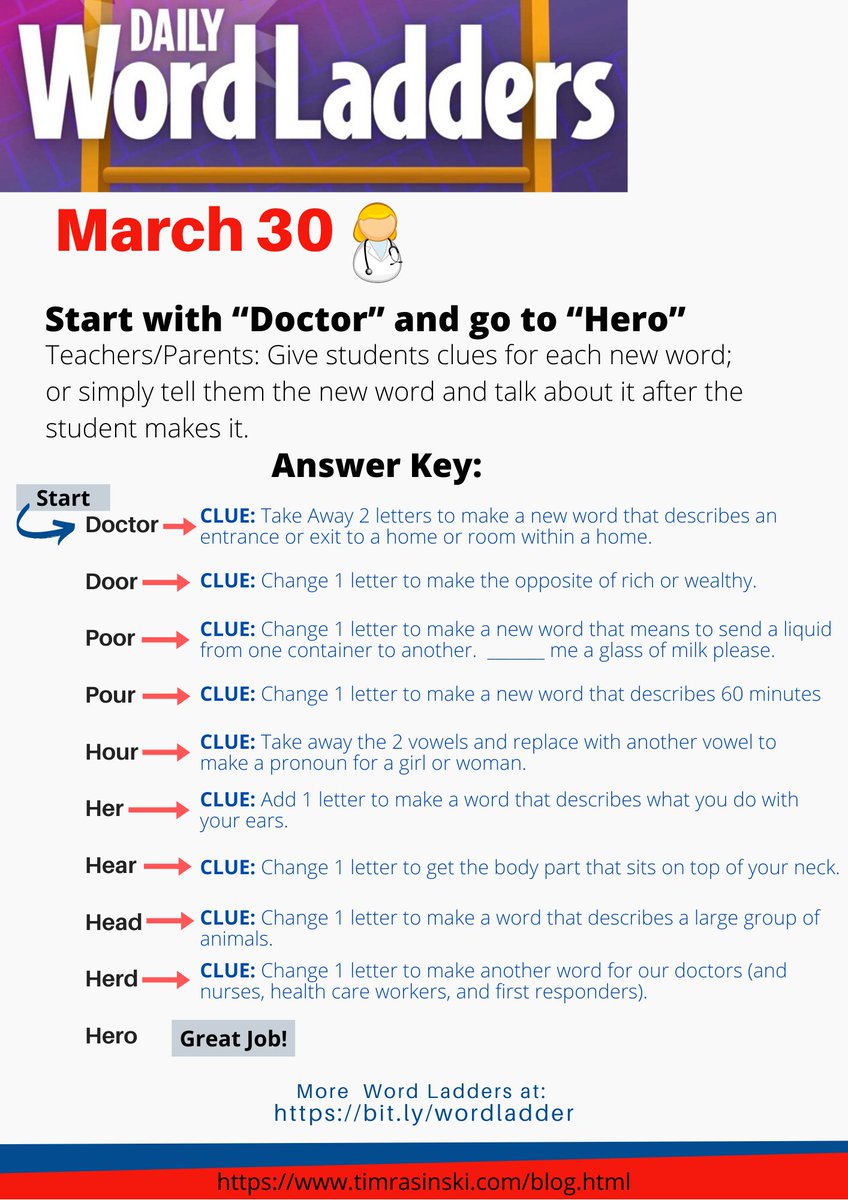 TimRasinski1's tweet photo. Mon Mar 30   Natl Doctors Day
Today printable Word Ladder honors all the women &amp; men (all health care &amp; first responders) who are serving &amp; saving lives.  All HEROES!    

(Kids may not know all the words on the ladder. Our chance to teach them)

Pls enjoy &amp; retweet  #wordladders https://t.co/ZswsCBkPrZ