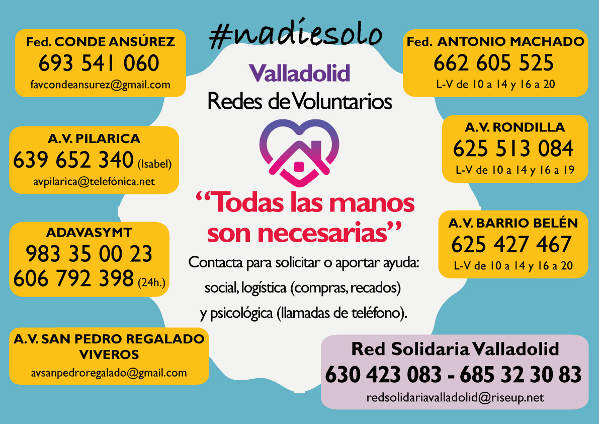 ejovensurVA's tweet photo. REDES VECINALES SOLIDARIAS EN VALLADOLID
Os animamos a que difundáis esta imagen. Ponlo en tu portal, dáselo a los vecinos que lo necesitan, llévalo a tu tienda de confianza. 
Juntos para ayudar a personas que nos necesitan más que nunca. Frente al COVID19, #nadiesolo sin ayuda. https://t.co/1eJ0i5HSqo