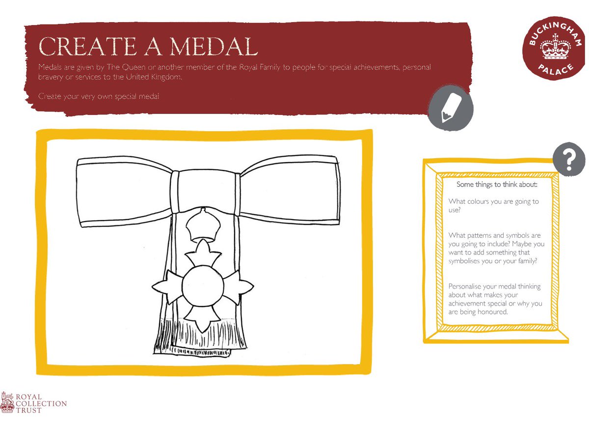 Every Monday, we’ll be sharing fun activities and learning resources for your children to enjoy at home. 📚🎨

Today, why not design your own #Investiture medal? Download <a href="/RCT/">Royal Collection Trust</a>’s worksheet here: bit.ly/2UGYq8E